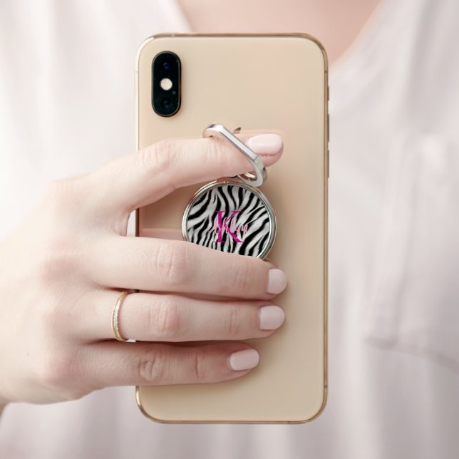 Stylish Black White Zebra Animal Pink Monogram Phone Ring Stand (In Situ)