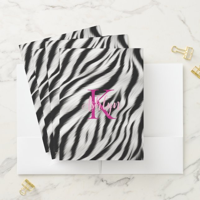 Stylish Black White Zebra Animal Pink Monogram Pocket Folder (In Situ)