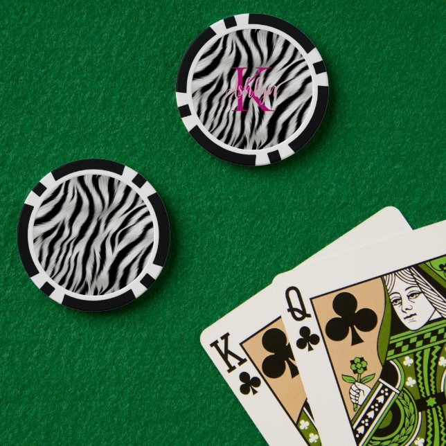 Stylish Black White Zebra Animal Pink Monogram Poker Chips (Poker Table (Double))