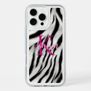 Stylish Black White Zebra Animal Pink Monogram iPhone 16 Pro Max Case