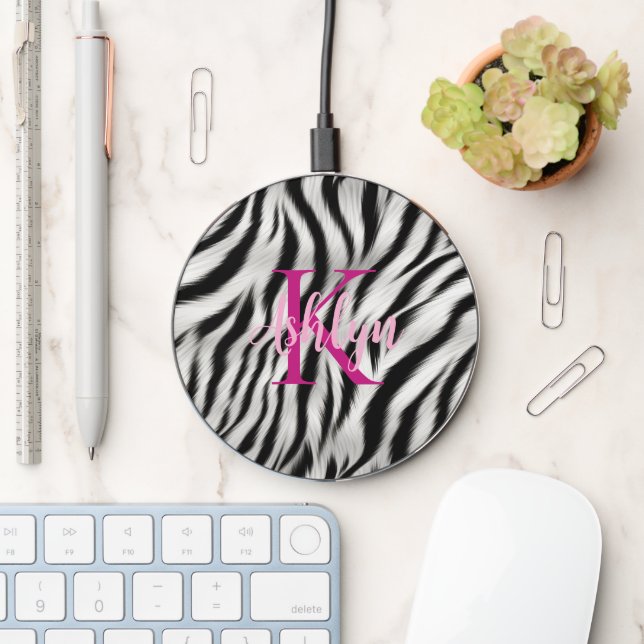 Stylish Black White Zebra Animal Pink Monogram Wireless Charger (Desk)