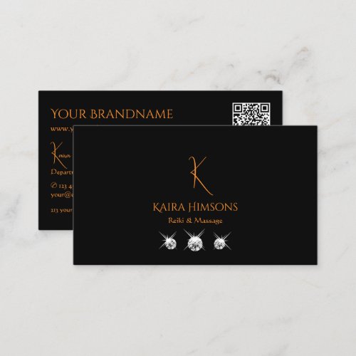 Stylish Black with Monogram QR Code and Jewels Business Card