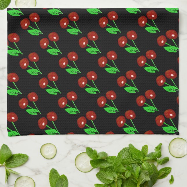 Stylish Black With Red Cherries Kitchen Towel (Folded)