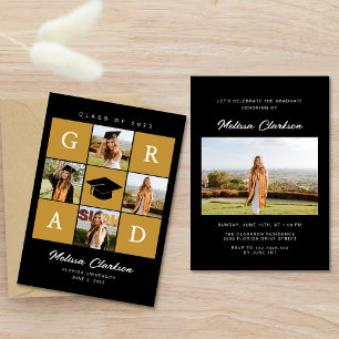 Stylish Black & Yellow 4 Photo Collage Graduation Invitation