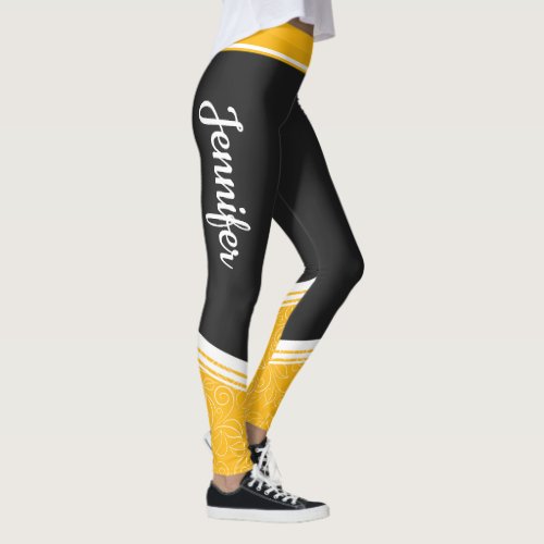 Stylish black yellow floral white stripes and name leggings