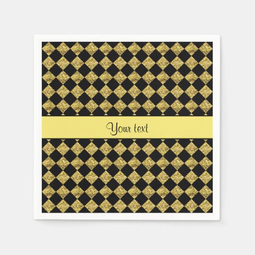 Stylish Black  Yellow Glitter Checkers Napkins