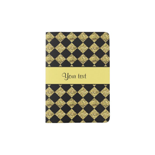 Stylish Black & Yellow Glitter Checkers Passport Holder (Front)