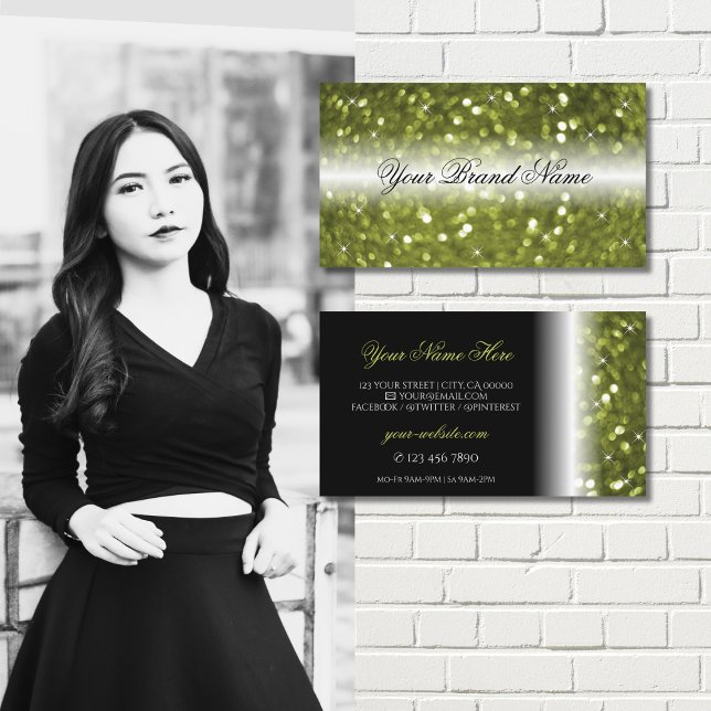 Stylish Black Yellow Green Sparkle Glitter Modern Business Card (Creator Uploaded)