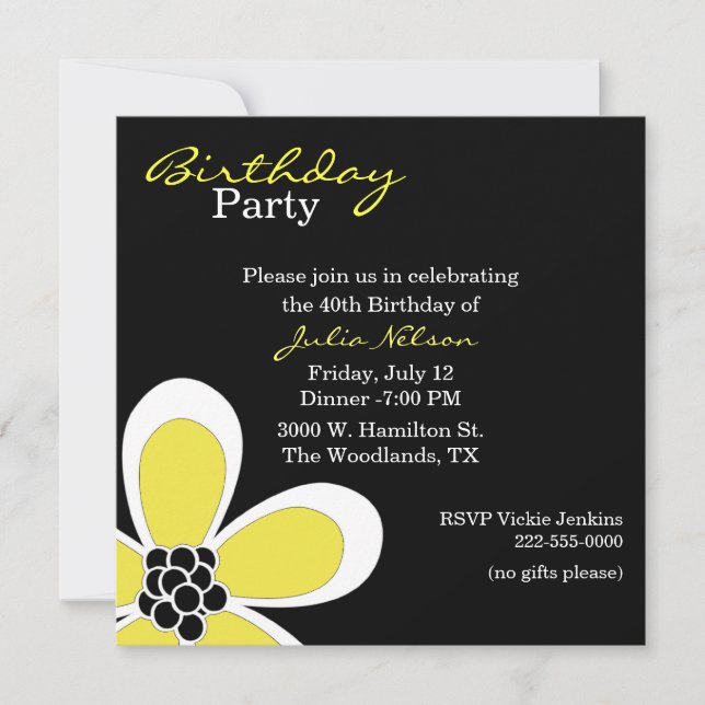 Stylish Black & Yellow Lady's Birthday Invitation (Front)