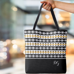 Stylish Black Yellow & White Geometric Pattern Tote Bag