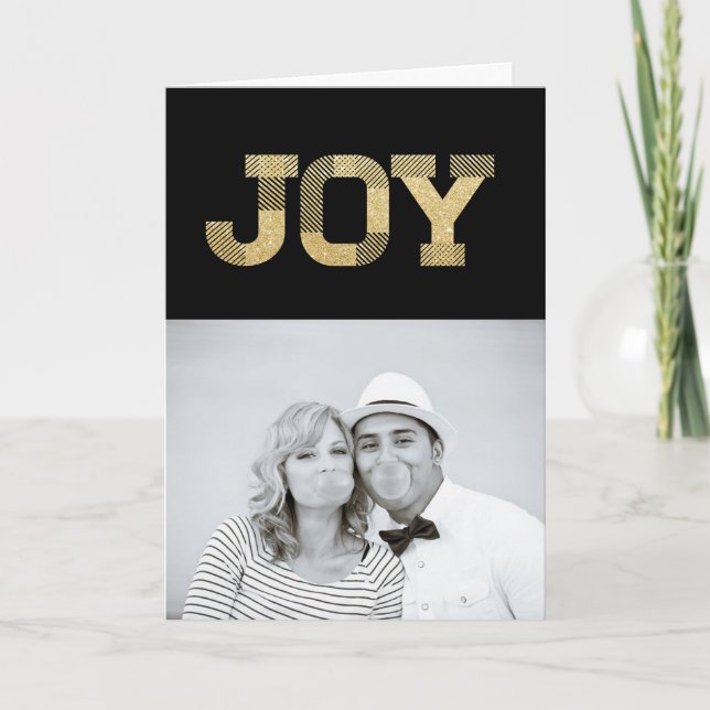 Stylish Block Font Gold Glitter Joy Modern Holiday Card (Front)