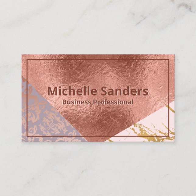 Stylish Block Marble Damask Rose Gold Foil Business Card (Front)