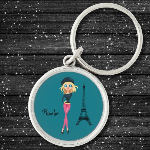 Stylish Blonde Girl Green Beret by Eiffel Tower Ke Keychain