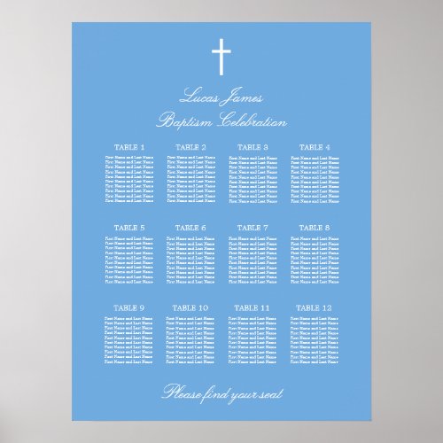 Stylish Blue 12 Table Baptism Seating Chart Poster