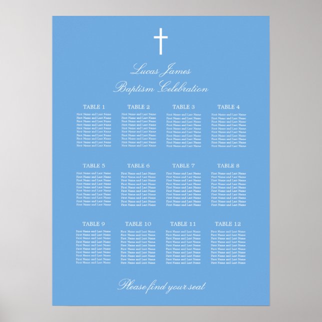 Stylish Blue 12 Table Baptism Seating Chart Poster (Front)