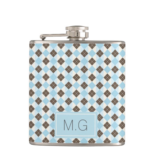 Stylish Blue and Brown Argyle Pattern Monogram Flask (Front)