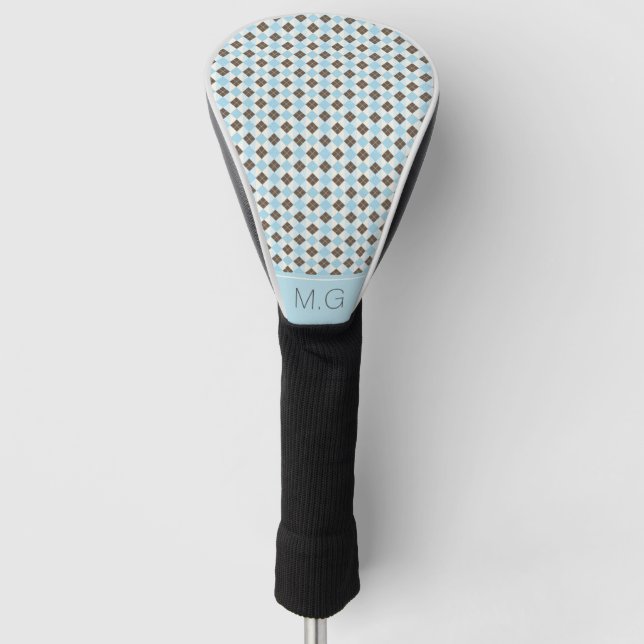 Stylish Blue and Brown Argyle Pattern Monogram Golf Head Cover (Front)