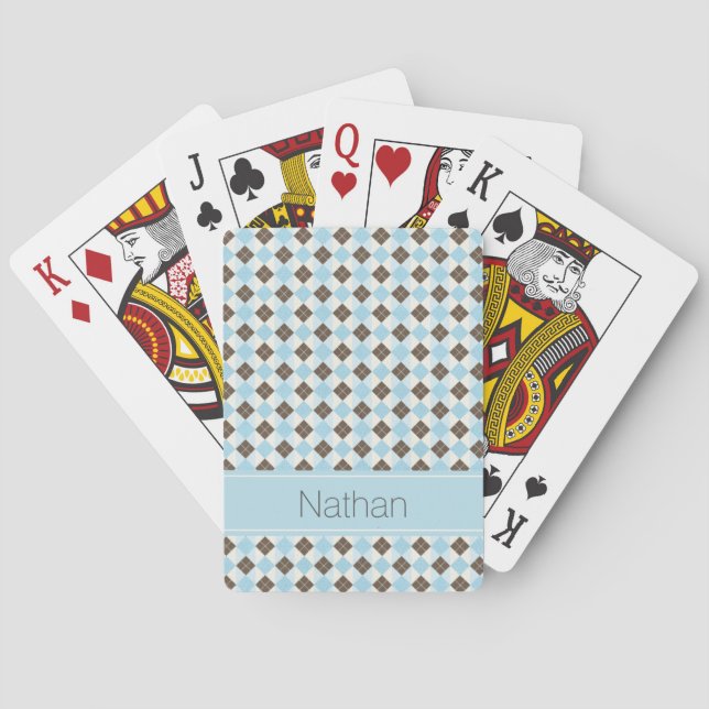 Stylish Blue and Brown Argyle Pattern Monogram Poker Cards (Back)