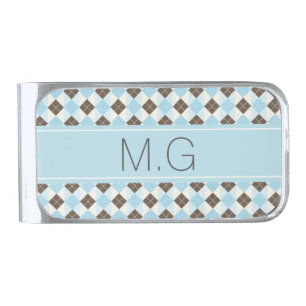 Stylish Blue and Brown Argyle Pattern Monogram Silver Finish Money Clip