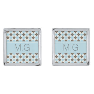 Stylish Blue and Brown Monogram Argyle Pattern Cufflinks