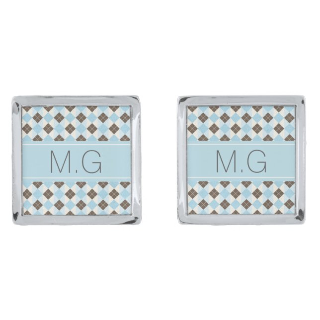 Stylish Blue and Brown Monogram Argyle Pattern Cufflinks (Front)