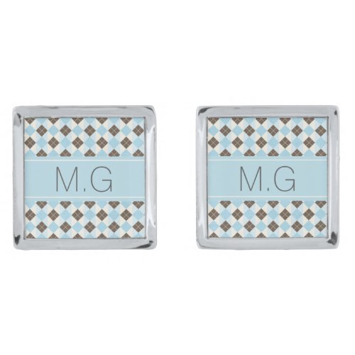 Stylish Blue and Brown Monogram Argyle Pattern Cufflinks