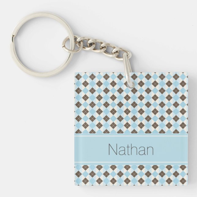 Stylish Blue and Brown Personalised Argyle Pattern Keychain (Front)