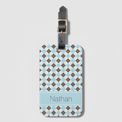 Stylish Blue and Brown Personalised Argyle Pattern Luggage Tag