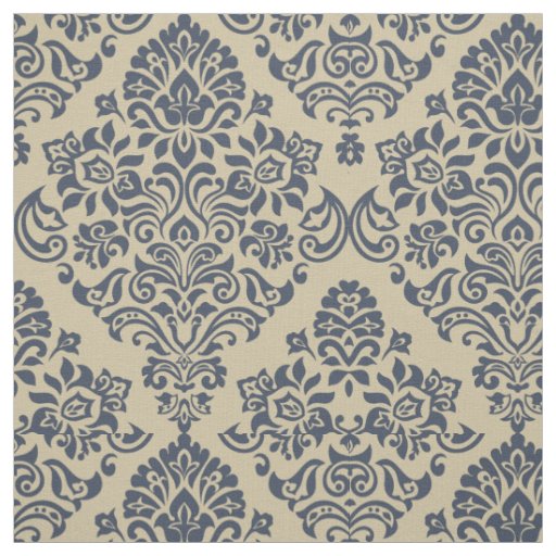 Stylish Blue and Cream Seamless Damask Pattern Fabric