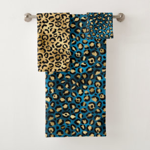 Stylish Blue and Gold Foil Leopard Spots Bath Towel Set