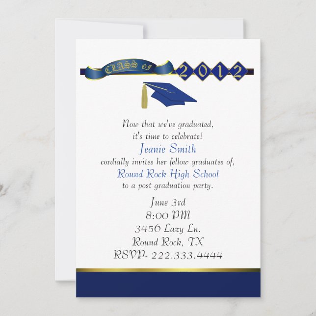 Stylish Blue and Gold Graduation Party Invitation (Front)