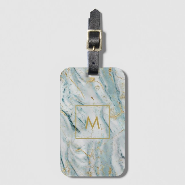 Stylish Blue and Gold Marble  Monogram Luggage Tag (Front Vertical)