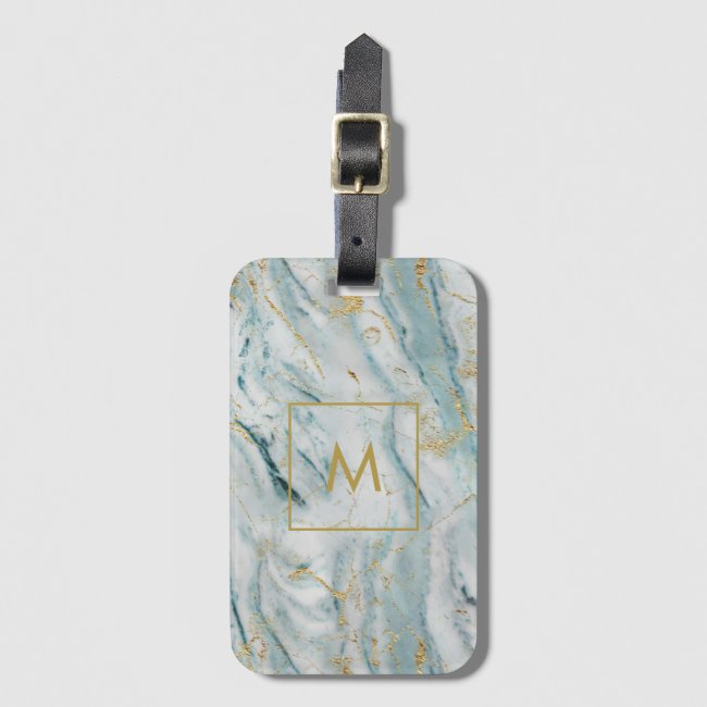 Stylish Blue and Gold Marble Monogram Luggage Tag