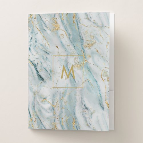 Stylish Blue and Gold Marble Monogram Pocket Folder