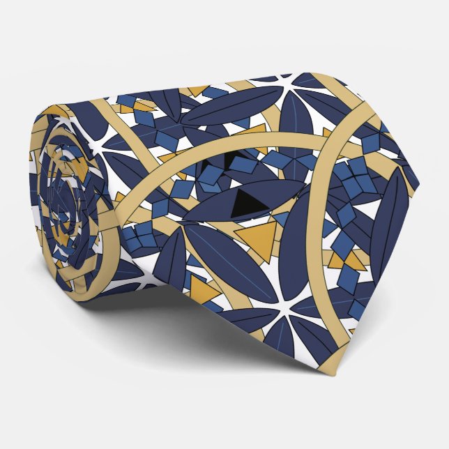 Stylish Blue and Gold Pattern Neck Tie (Rolled)