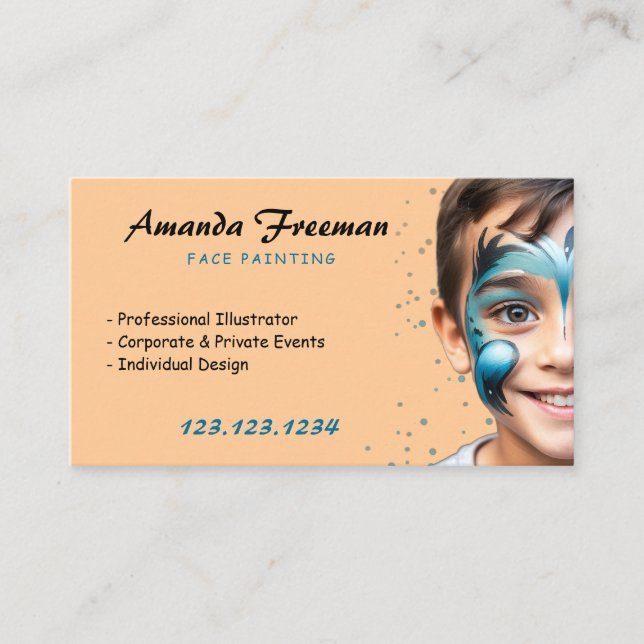 Stylish Blue and Orange Party Face Painter Business Card (Front)