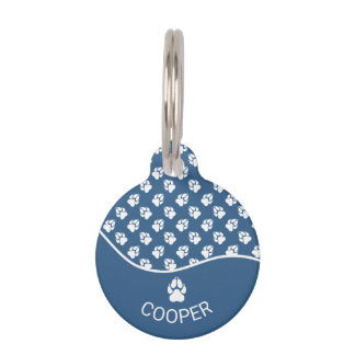 Stylish Blue And White Dog Paws Pattern &amp; Name Pet ID Tag