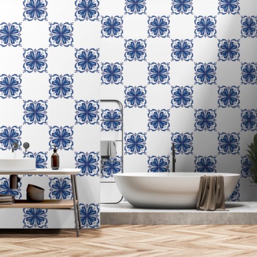 Stylish Blue and White Floral Mediterranean Tile  Wallpaper