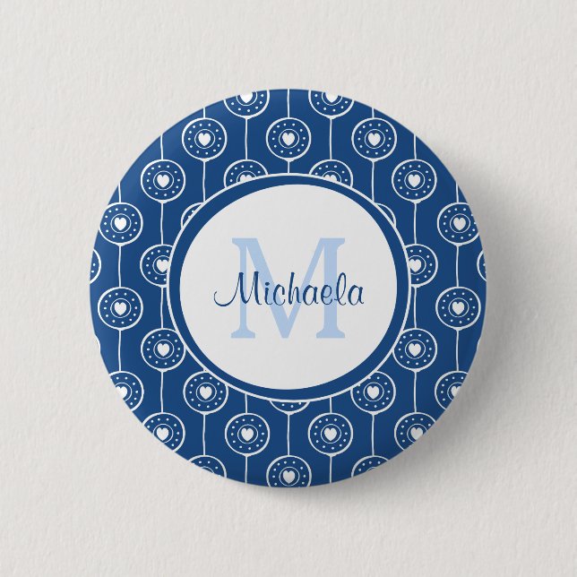 Stylish Blue and White Hearts Monogram With Name Button (Front)