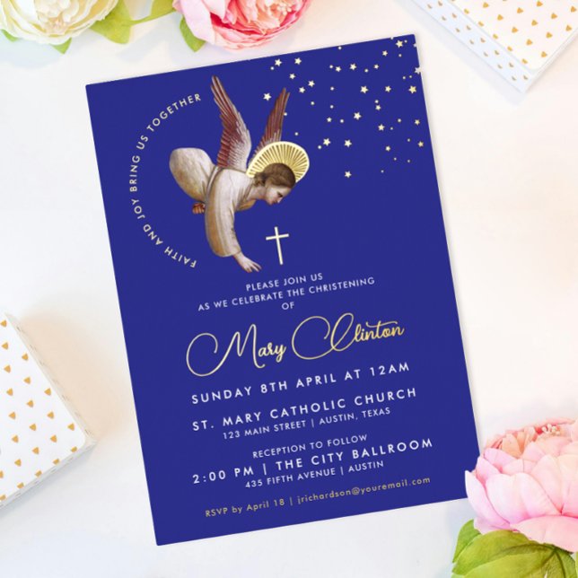 Stylish Blue Angel Christening Baptism Painting  Foil Invitation (Creator Uploaded)