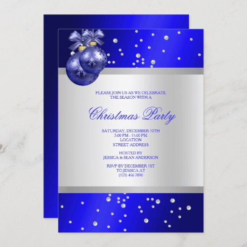 Stylish Blue Baubles  Pearls Christmas Invitation
