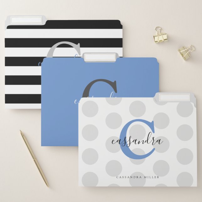 Stylish Blue Black Grey Monogrammed File Folder (Set)