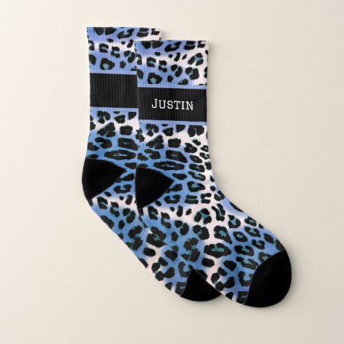 Stylish Blue Black White Leopard Print Custom Name Socks