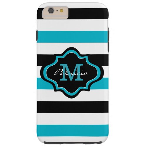 Stylish Blue Black White Stripes Custom Monogram Tough iPhone 6 Plus Case