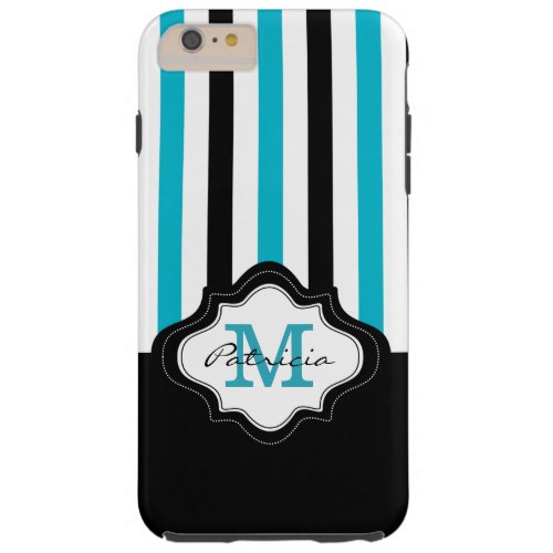 Stylish Blue Black White Stripes Custom Monogram Tough iPhone 6 Plus Case