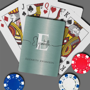 Stylish Blue Brushed Metal Monogram & Script Name Poker Cards
