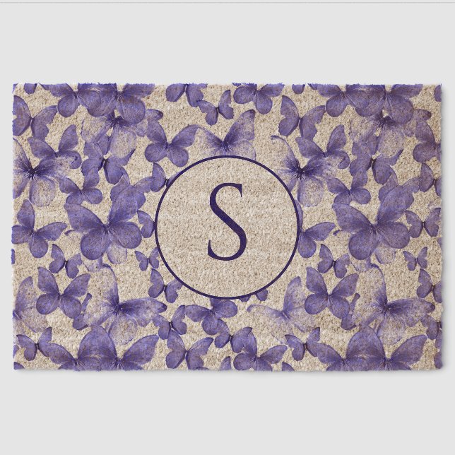 Stylish Blue Butterflies Pattern Custom Monogram Fiber Doormat (Front)