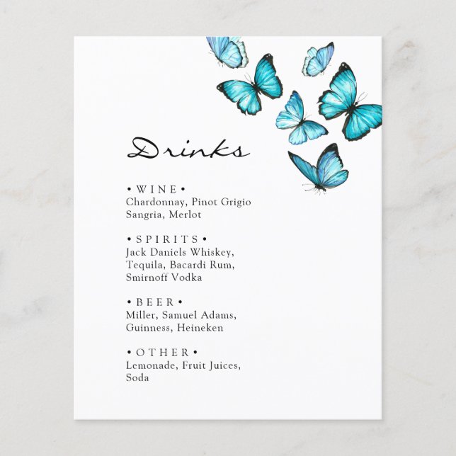Stylish Blue butterflies wedding Drinks menu (Front)