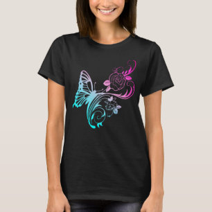 Stylish Blue Butterfly and Pink Flowers T-Shirt
