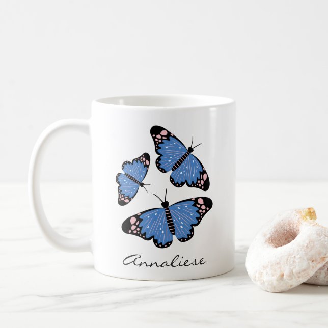 Stylish Blue Butterfly Illustration Custom Name Coffee Mug (With Donut)